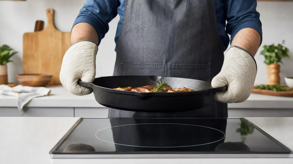 Cast Iron on a Glass Cooktop: Lift, Match the Burner, and Heat Slowly