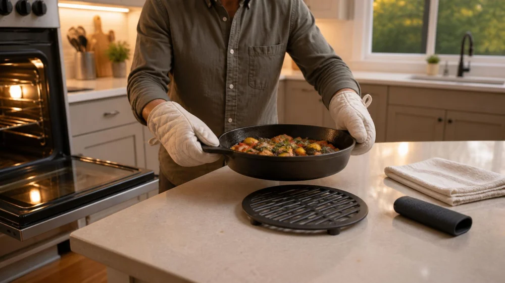 Cast Iron Handle Safety: Covers, Towels, and Oven Moves