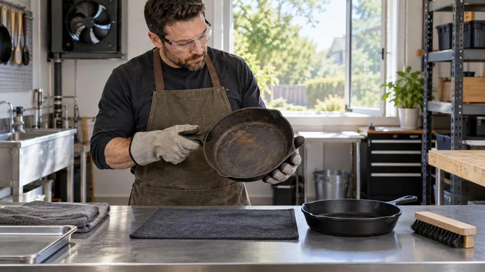 Cast Iron Restoration Workspace: Heat, Dust, and Cleanup